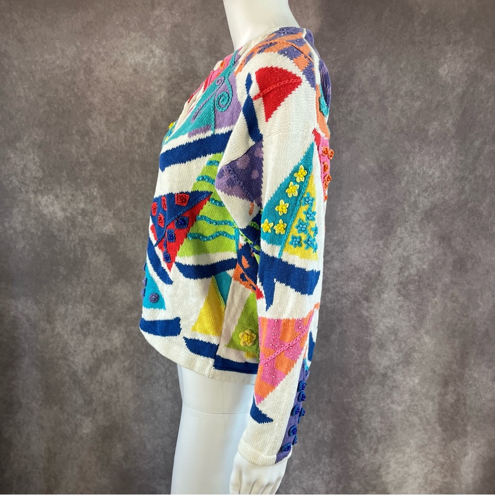 Design Options Cardigan Button Up Sweater Size Medium Fun Pattern 80s with Beads - Picture 2 of 9